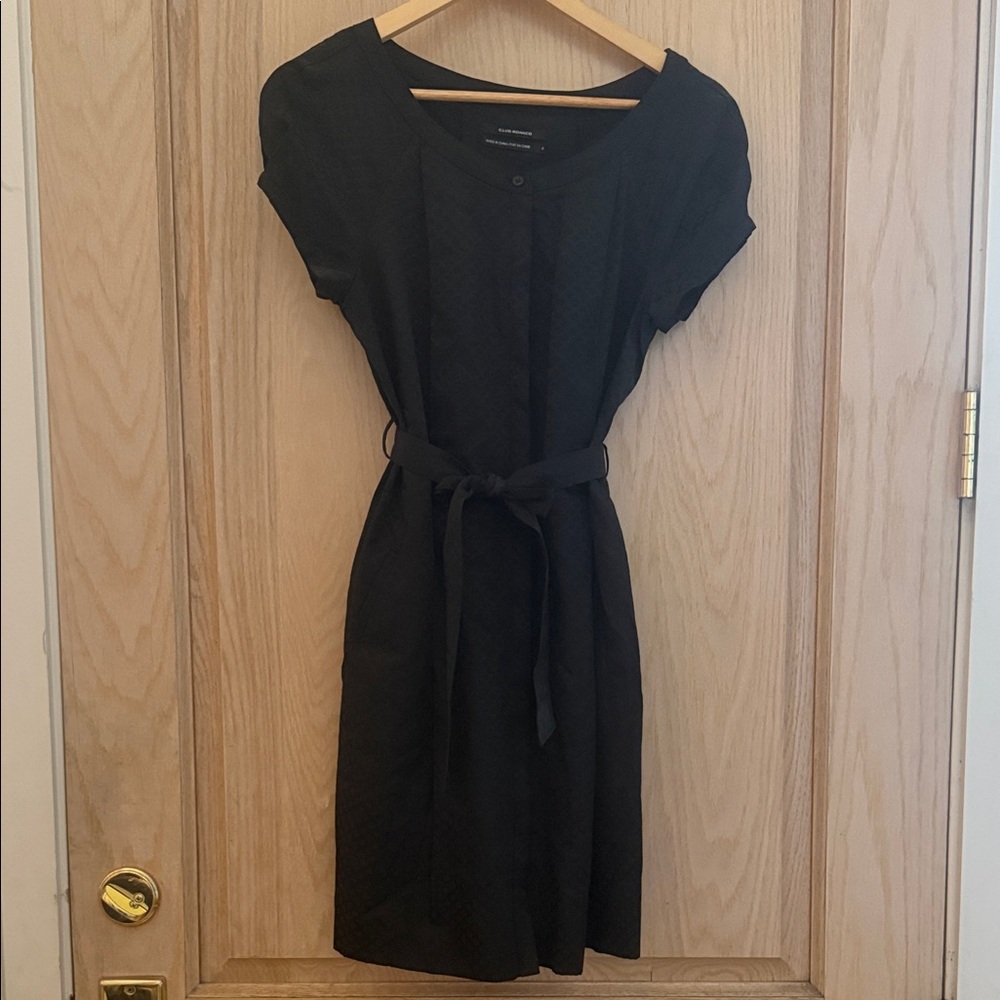 Club Monaco Black Short-Sleeve Midi Dress with Waist Tie